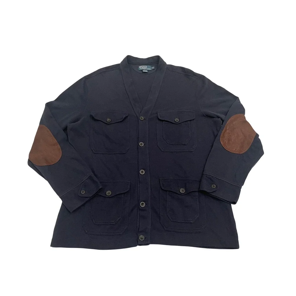 Vintage Polo Ralph Lauren Cardigan XL Blue Utility Pockets Leather Elbow Patches